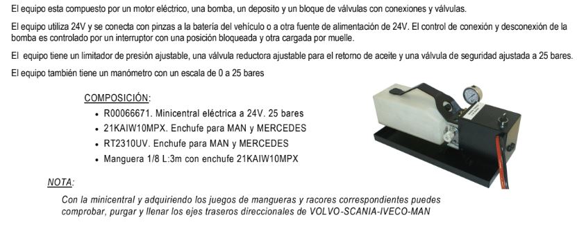 > MINICENTRAL ELECTRO-HIDRAÚLICA 24 V.(25 BAR.)  PARA LLENADO Y PURGA DE CAJA DE CAMBIO ZF  PARA VEHICULOS MAN & MERCEDES BENZ