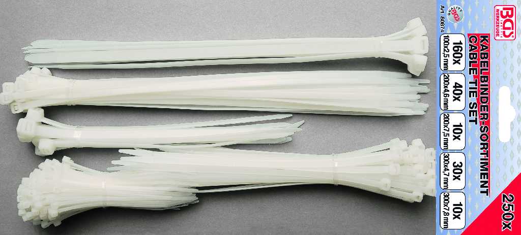 Blister 250 Bridas Blancas De Nylon, (100 X 2.5 Mm / 200 X 4,6 Mm / 200 X  7,5 Mm / 300 X 4,7 Mm / 300 X 7,8 Mm.)